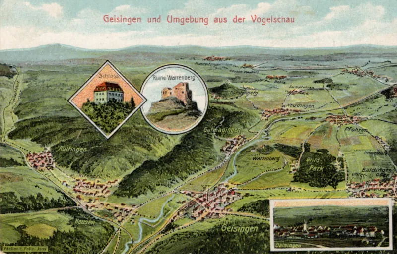 Geisingen und Umgebung: Gutmadingen, Pfohren, Neudingen, Baldingen, Panoramakarte von Eugen Felle 1920