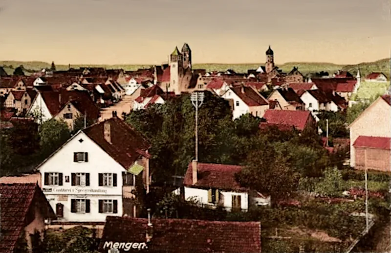 Mengen aus der Vogelschau mit Conditorei und Specereihandlung, 1920