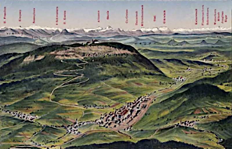 Panoramakarte Dreifaltigkeitsberg mit Spaichingen, Balgheim, Dürbheim, Riedheim, Tuttlingen um_1920