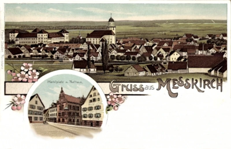 Meßkirch, Totalansicht der Ortschaft mit Marktplatz und Rathaus 1899