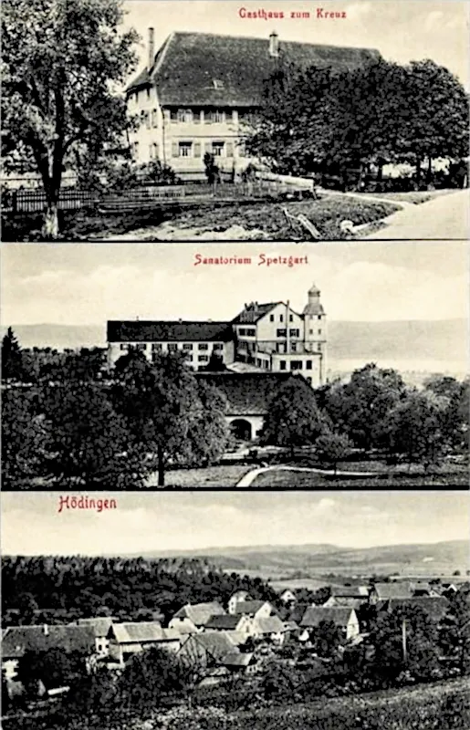 Hödingen (Überlingen): Ortsansicht, Gasthaus zum Kreuz, Sanatorium Schloss Spetzgart, 1915