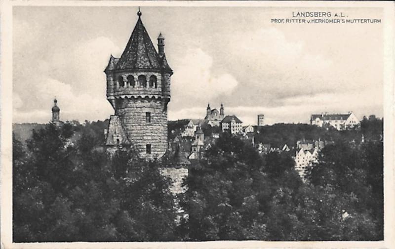 Landsberg am Lech, Prof. Ritter v. Herkomers Mutterturm, Ansichtskarte von 1913