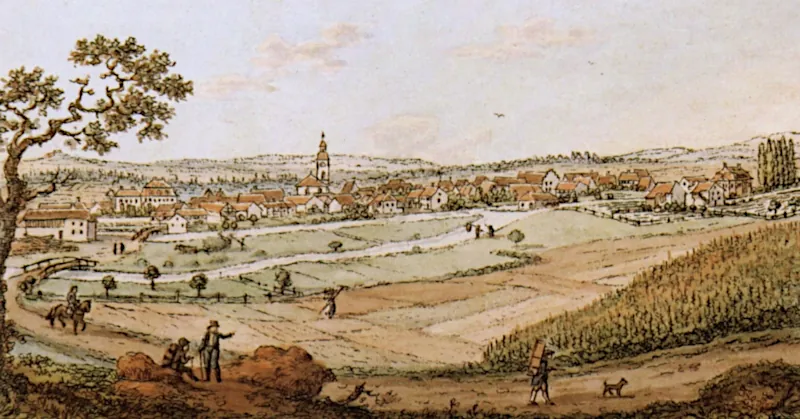 Singen am Hohentwiel, Federzeichnung von Nikolaus Hug, Ansicht von Westen, 1820