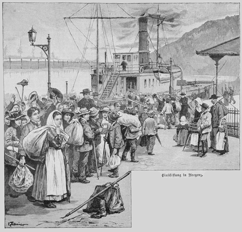 Einschiffung der Schwabenkinder in Bregenz, Zeichnung von E. Klein, 1895