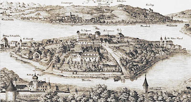 Insel Reichenau nach dem Pirminbild von 1624, Kupferstich um 1690